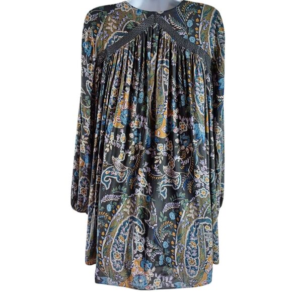 Free People Mini Dress S Gray Boho Floral Long Sleeve Crochet Yoke Lined Flowy - Picture 5 of 9